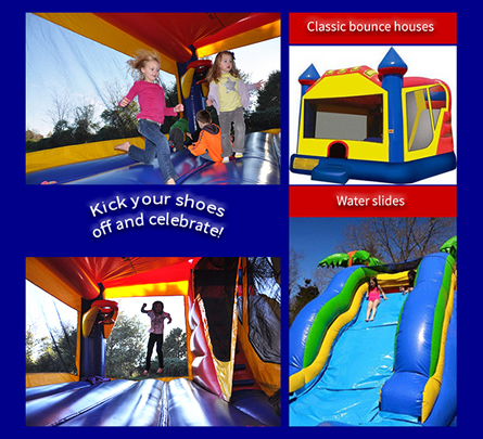 Images of children playing in bounce houses. Classic bounce houses, water slides, and obstacle course options available.