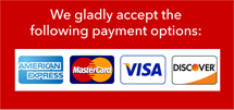 We gladly accept American Express, Mastercard, Visa, and Discover credit cards as payment.