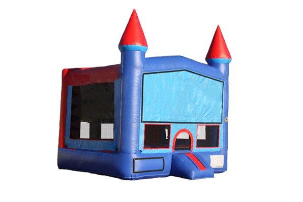 Image of classic designed blue bounce house with red pillar and accents.