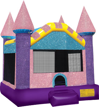 Image of pink and purple glitter princess castle. Classic style bounce house rental unit.